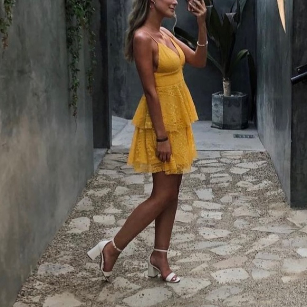 Lulu's Yellow Tiered Lace Mini Dress